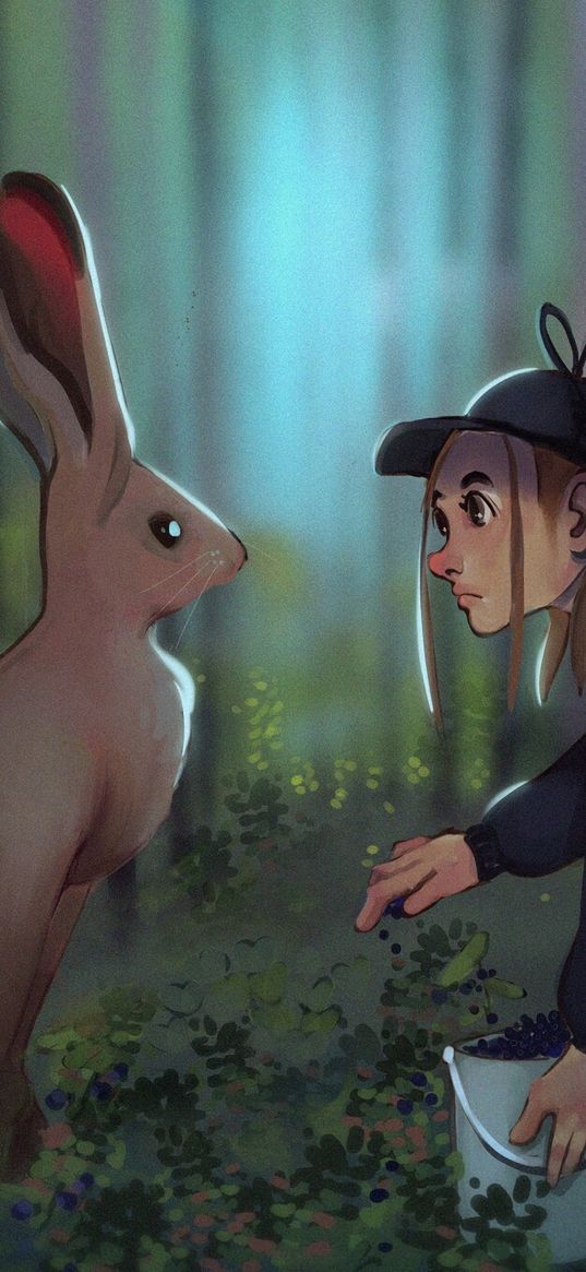 girl, hare, meeting, forest, art