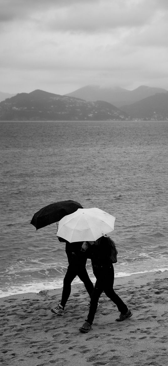 people, umbrellas, rain, sea, beach