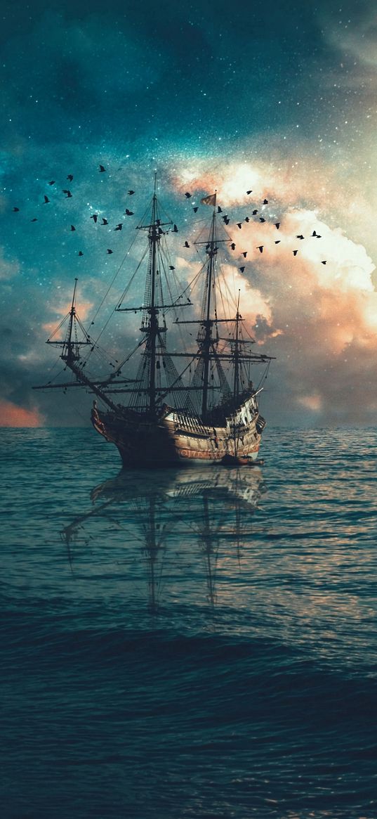 ship, sea, waves, birds, twilight