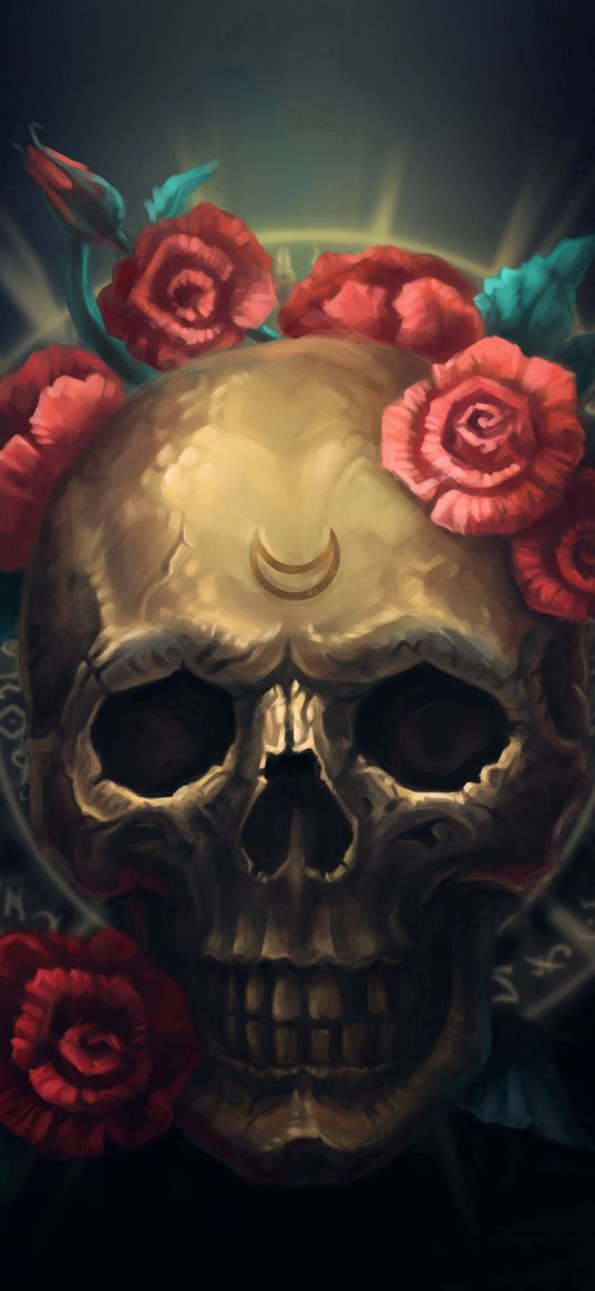 skull, flowers, symbols, art