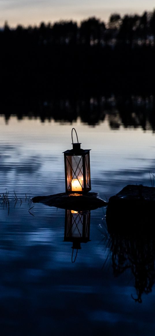 lantern, lake, water, stone, dark