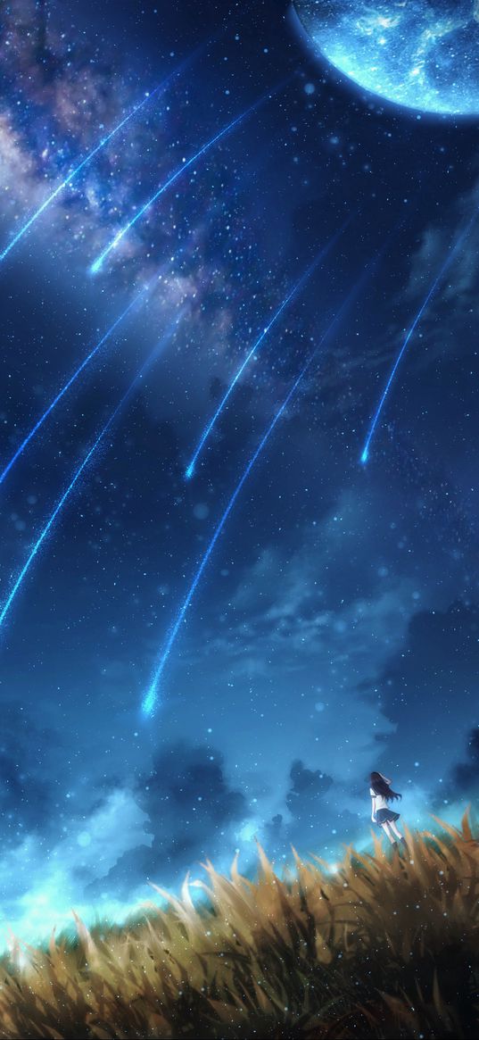 girl, alone, space, meteors, art