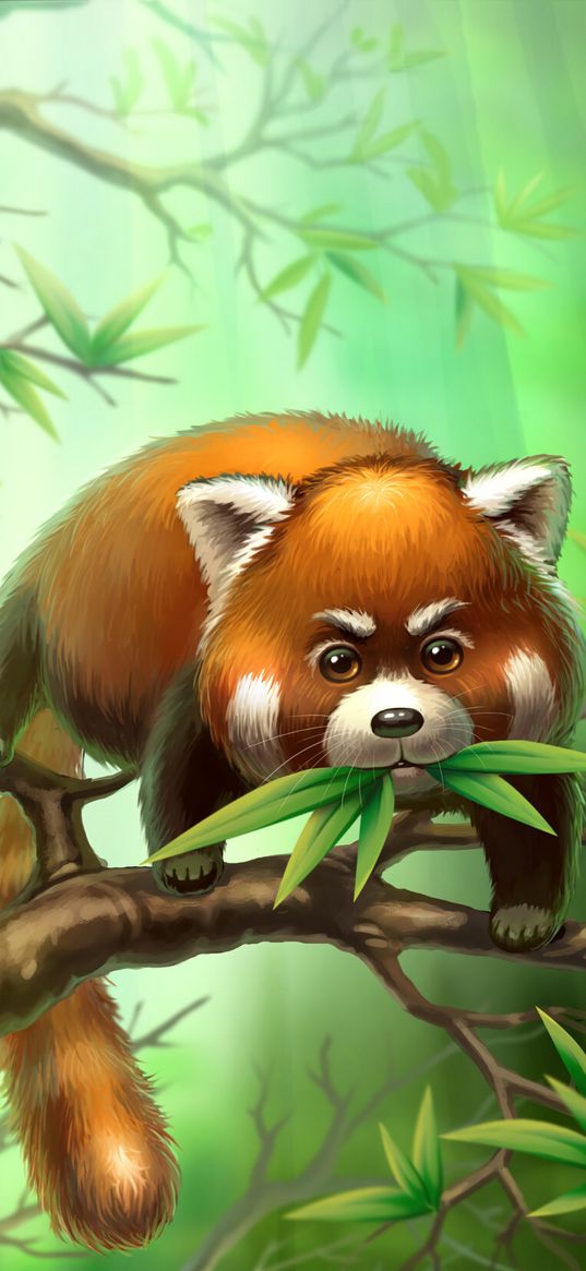 red panda, branches, leaves, animal, art