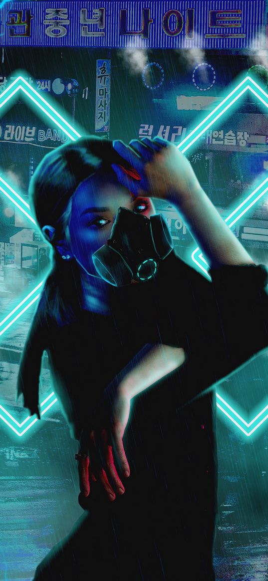 girl, respirator, cyberpunk, neon, hieroglyphs