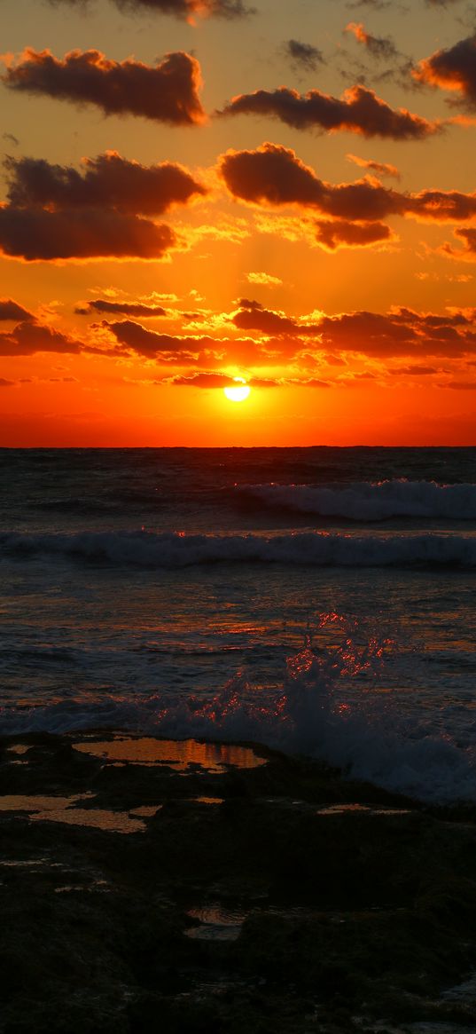 sunset, sea, waves, dusk, evening