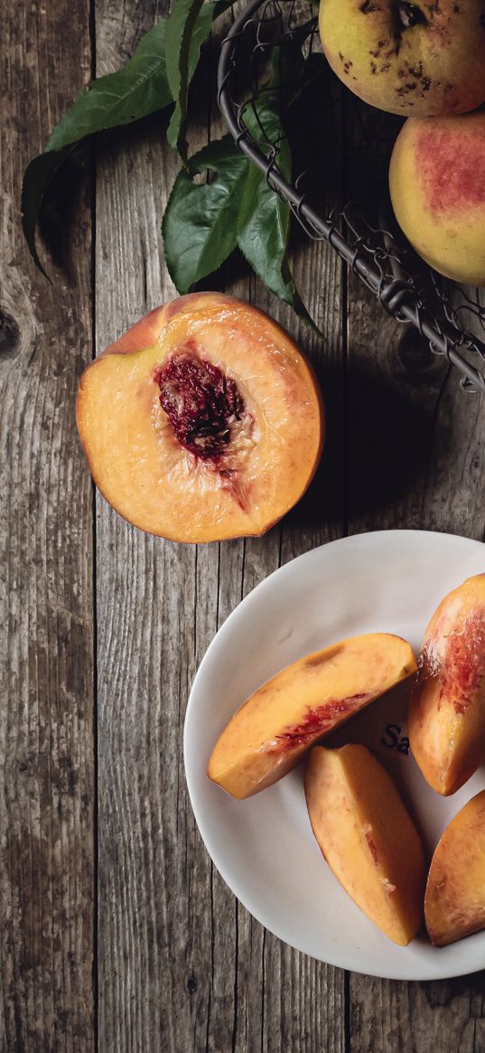 peach, fruit, wooden, plate