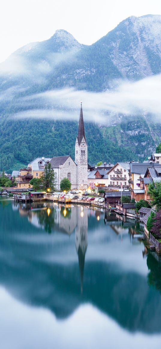 lake, mountains, village, hallstatt, austria