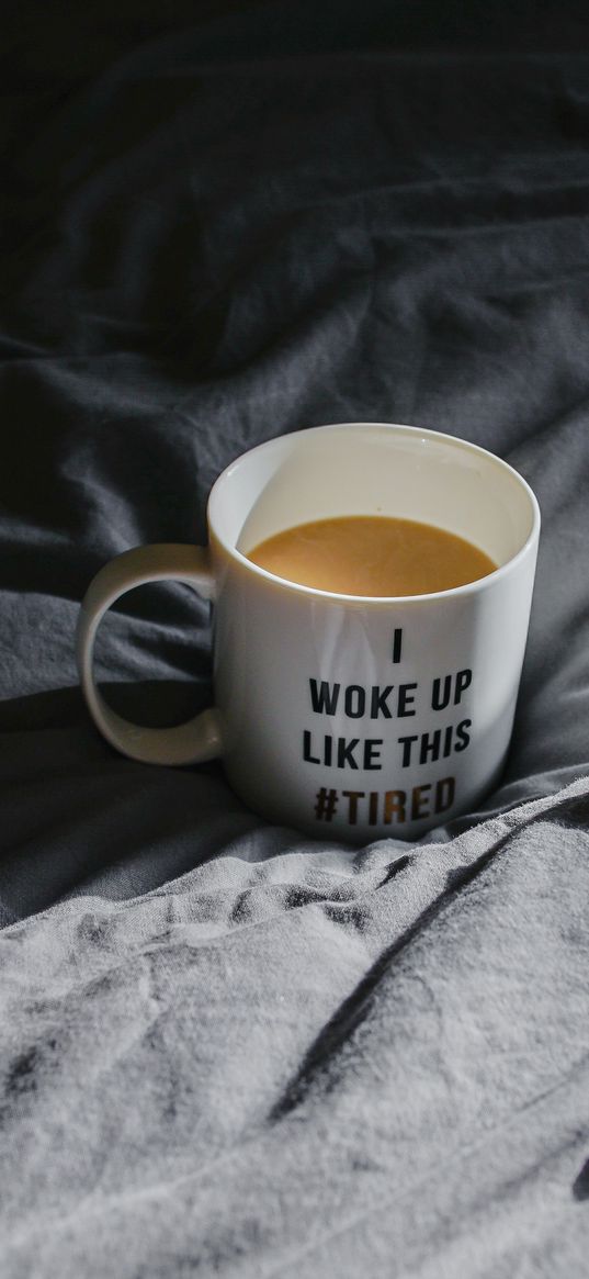 cup, coffee, inscription, phrase, bed