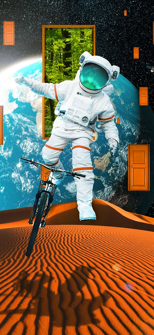 astronaut, spacesuit, bicycle, planet, desert, doors