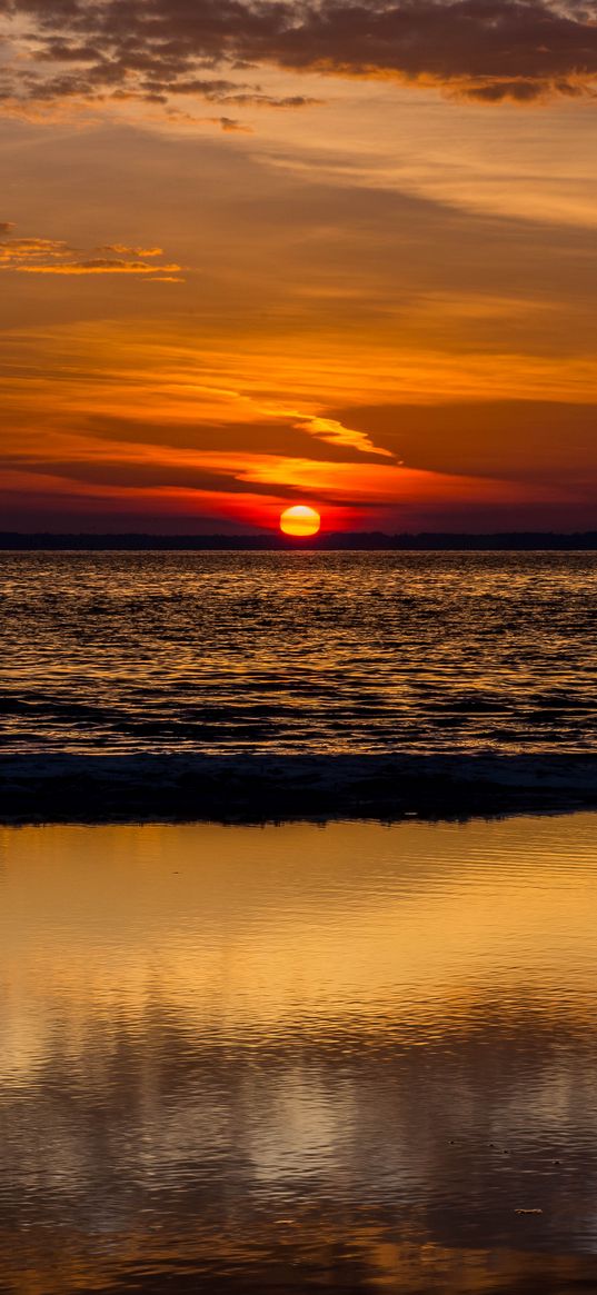 sunset, sea, waves, dusk, horizon