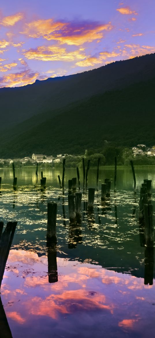 mountains, water, clouds, seaweed