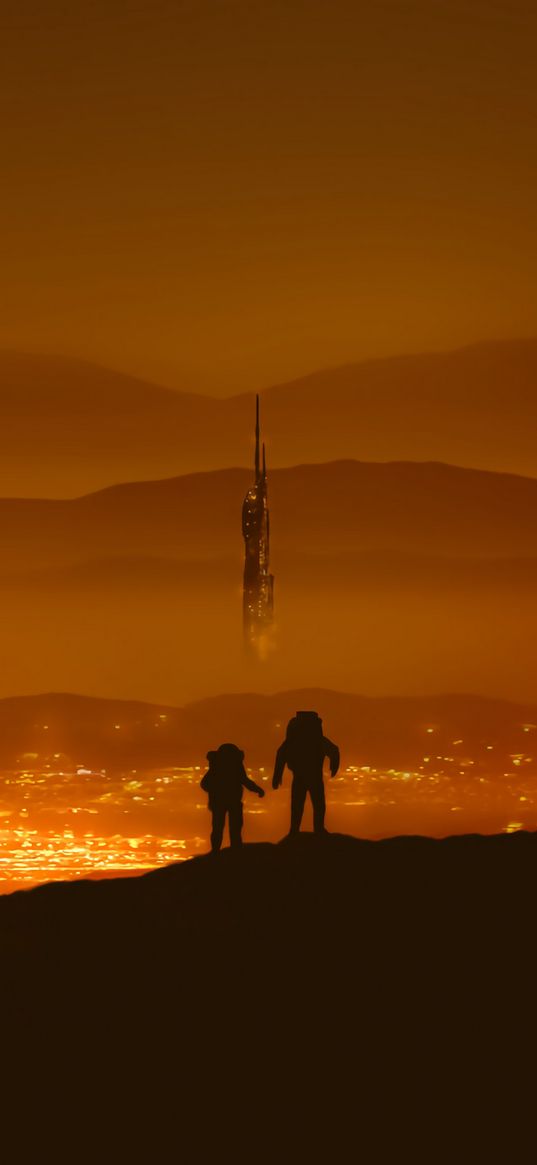 astronauts, silhouette, lights, future