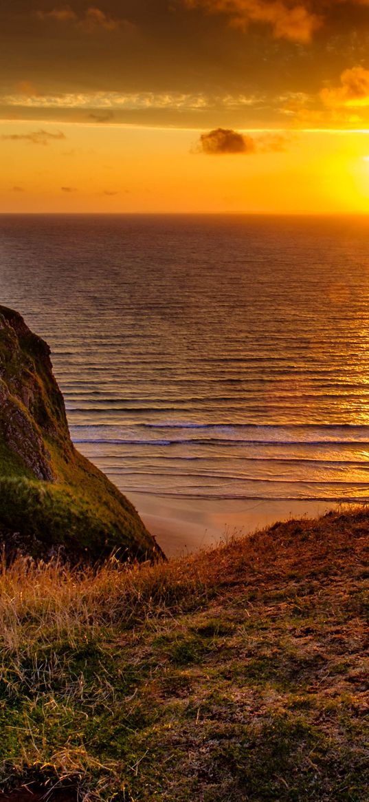 sunset, horizon, rock, water surface, grass