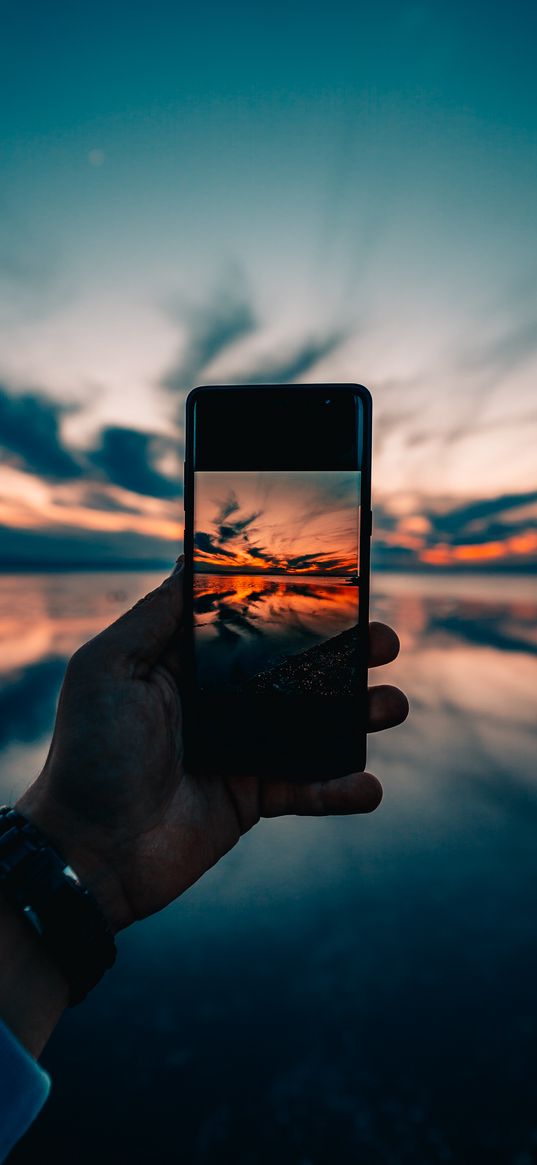 phone, hand, sunset, horizon