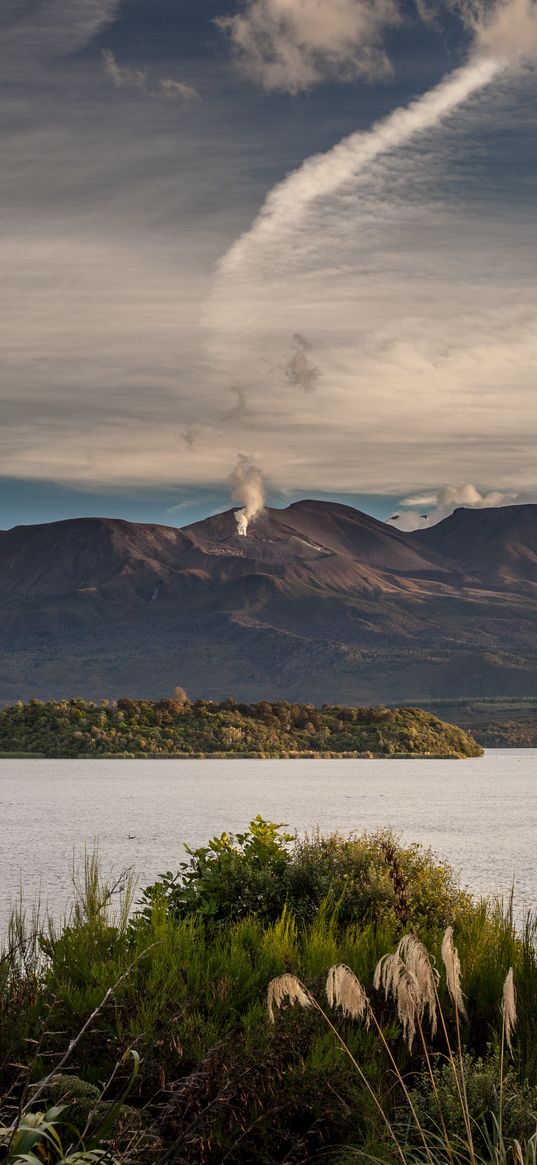 volcano, mountains, grass, sea