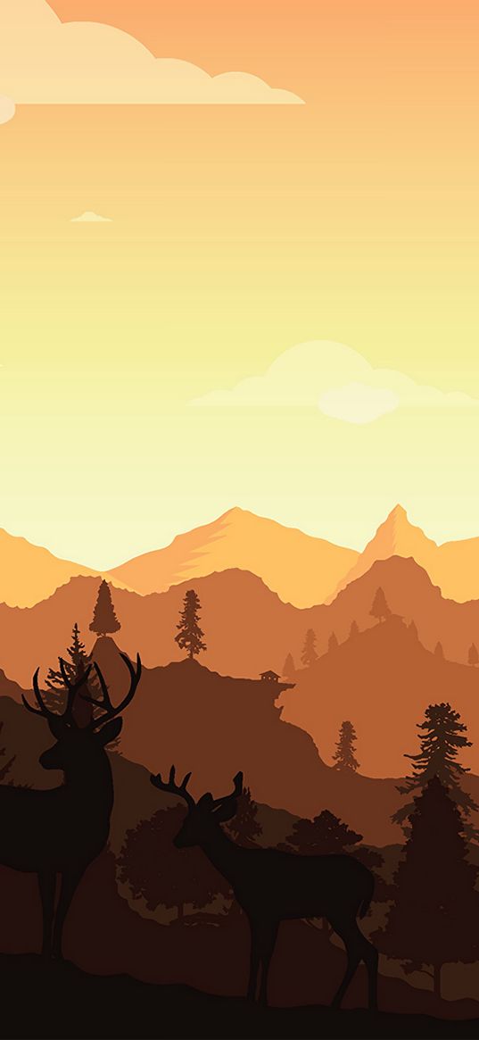 deer, horns, silhouette, mountains, art