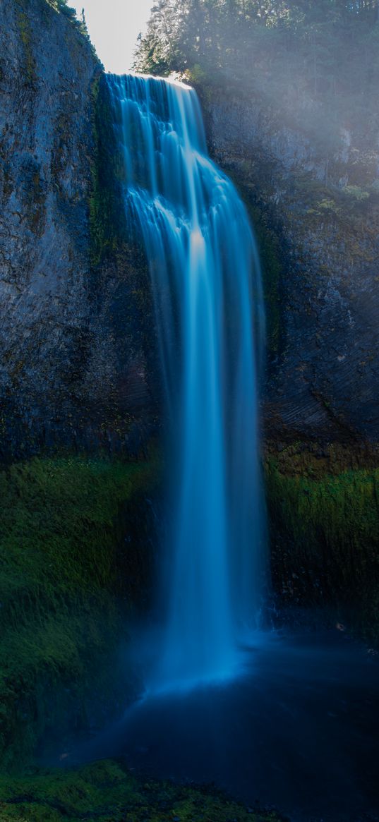 waterfall, moss, stones, cliff, rock