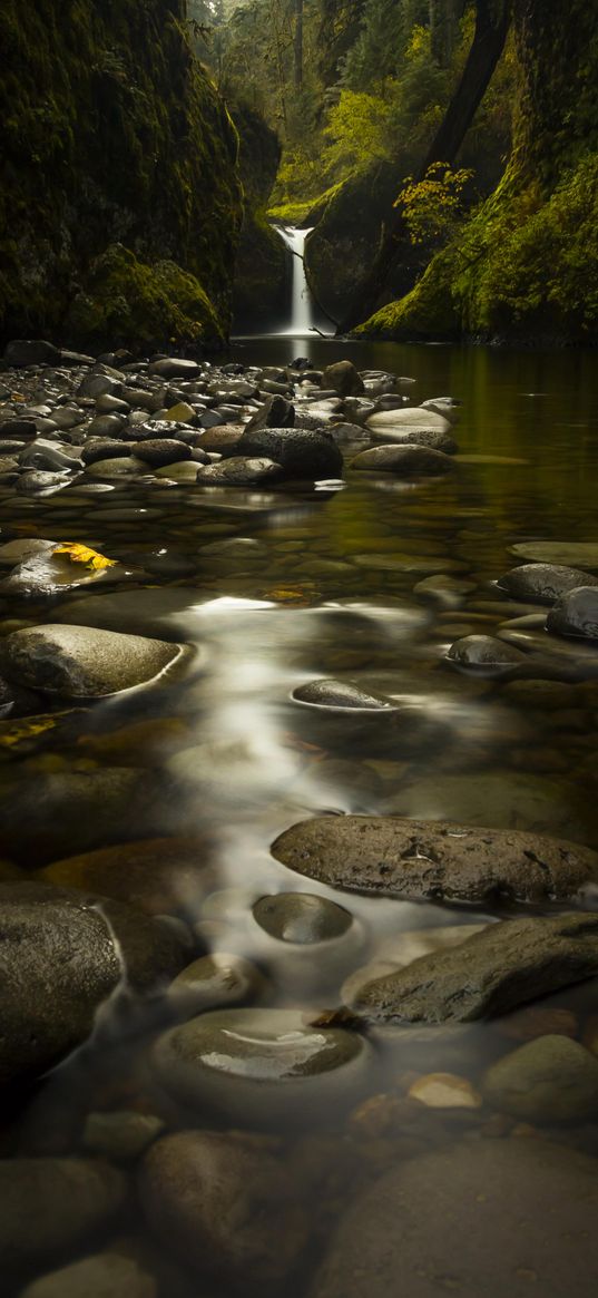 waterfall, stones, water, moss