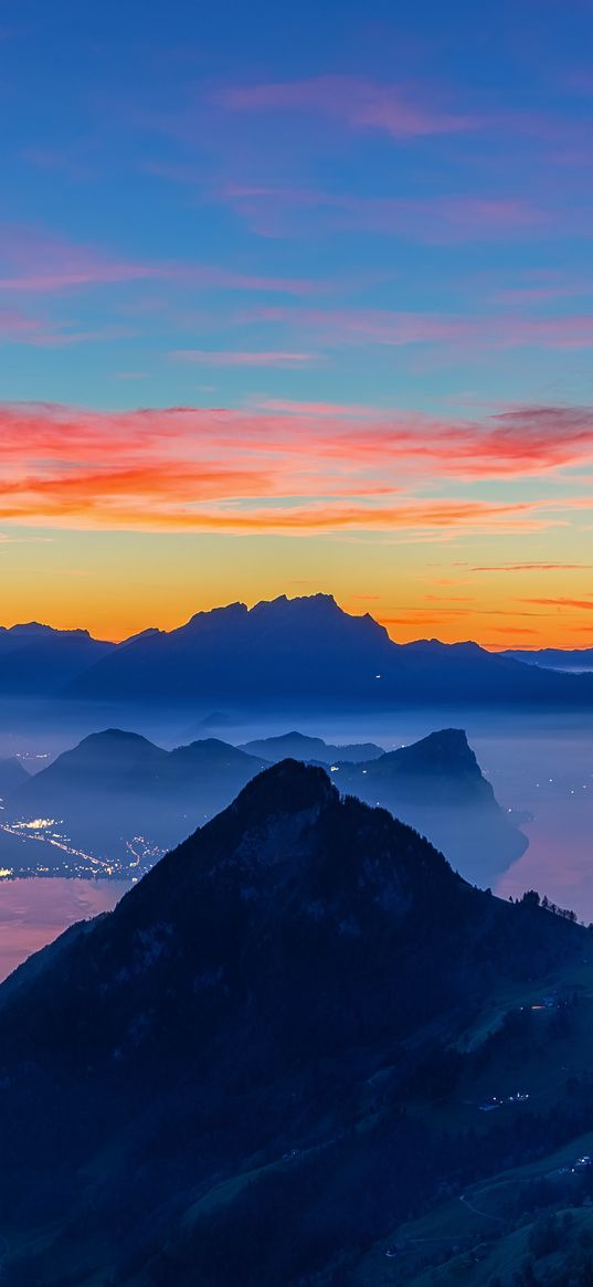 mountains, peaks, sunset, distance