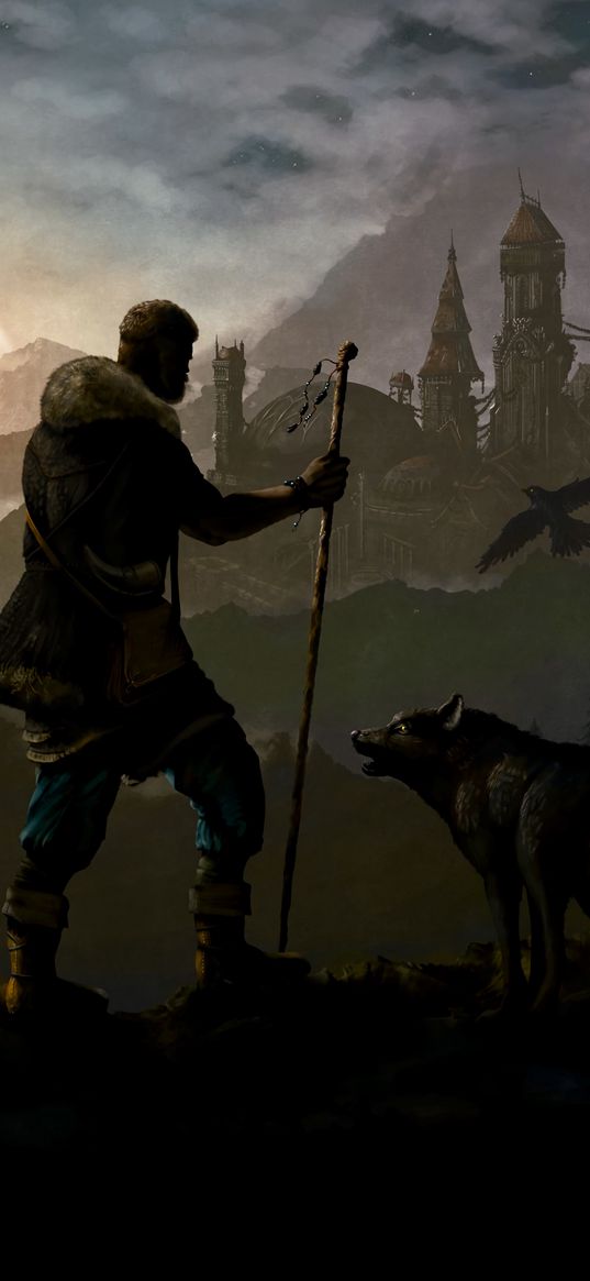 wanderer, wolf, castle, art