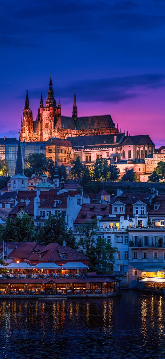 castle, night city, lights, river