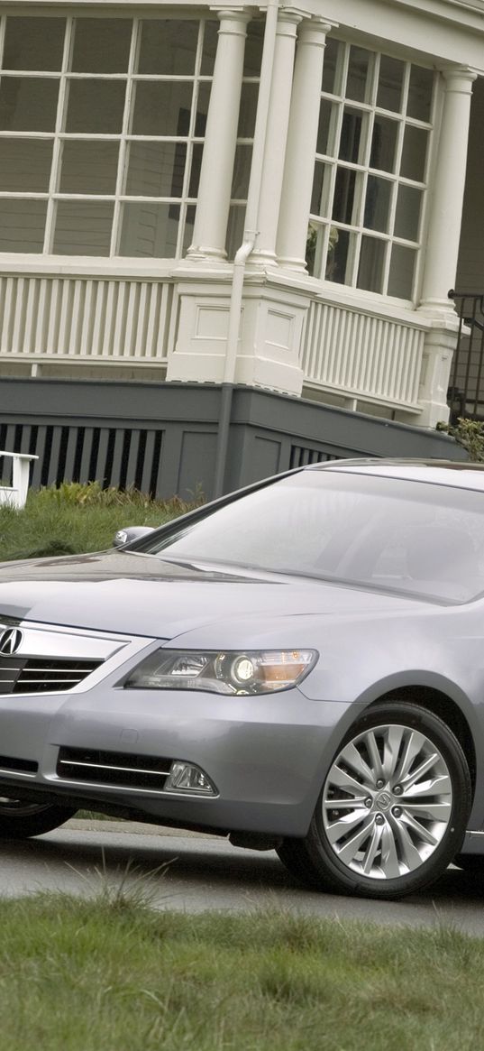 acura, rl, metallic gray, side view, style, cars, building, grass