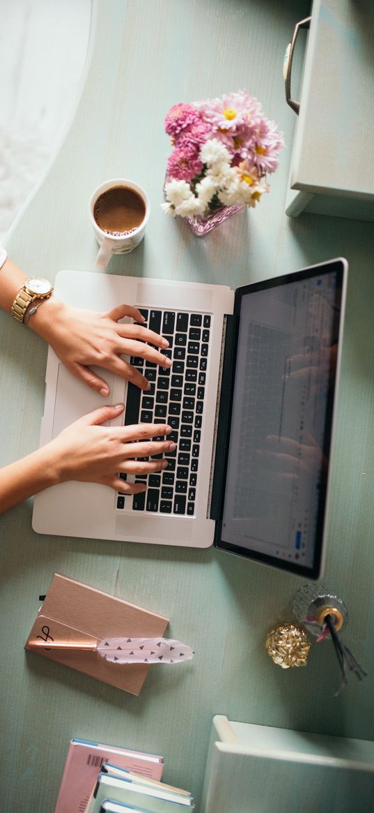 laptop, table, hands, aerial view