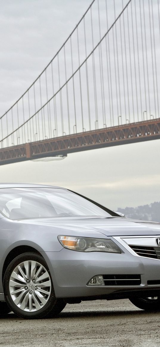 acura, rl, 2010, gray metallic, front view, style, sedan, cars, grass, bridge, water