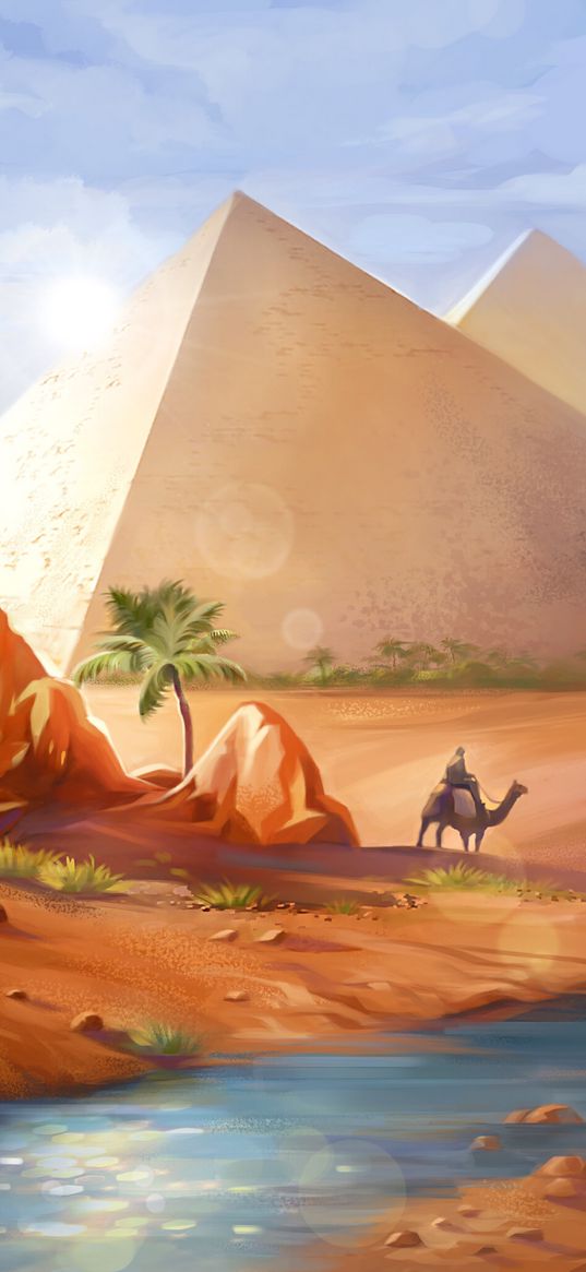 pyramids, desert, camel, art