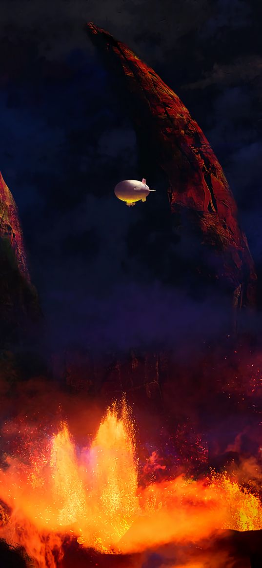 airship, rocks, lava, art