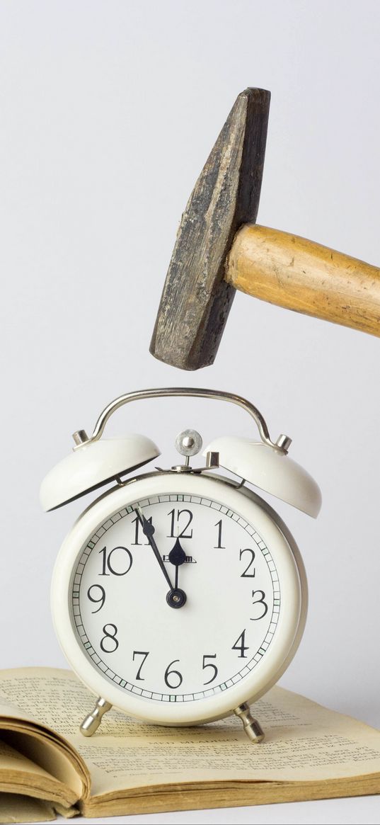 alarm clock, hammer, white