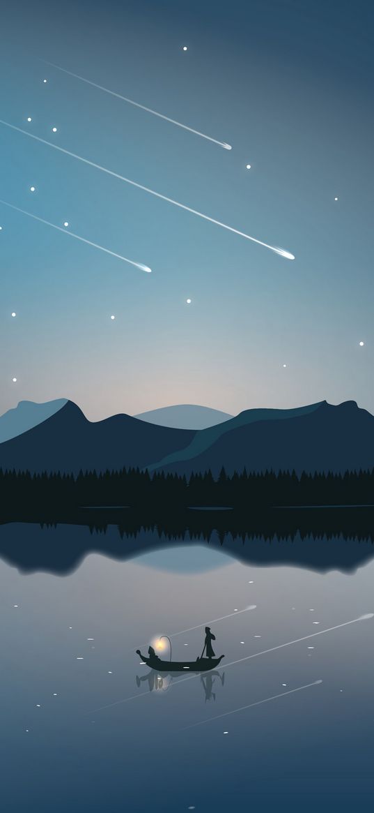 boat, mountains, starfall, art