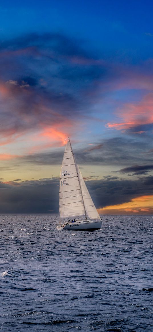 sailboat, sunset, sea, horizon