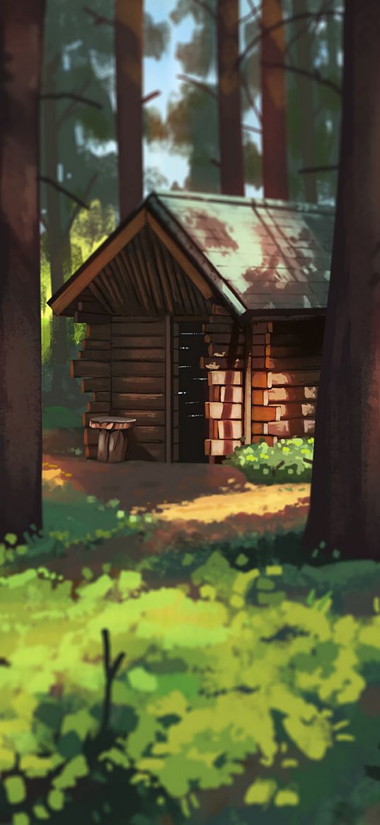 hut, trees, forest