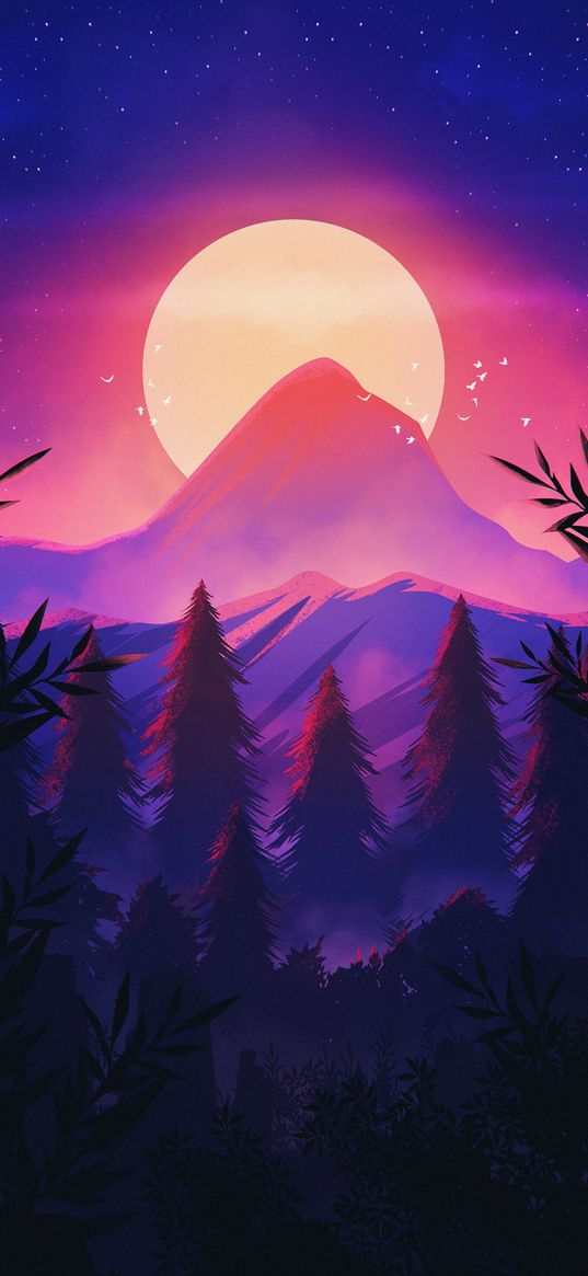 mountain, sun, forest, art