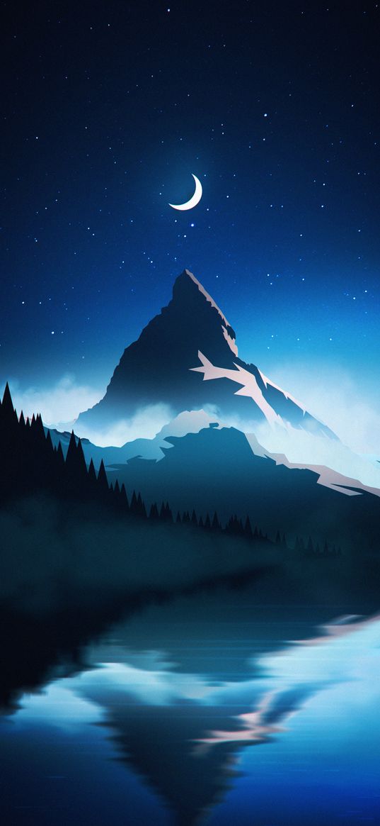 night, moon, mist, mountains, art