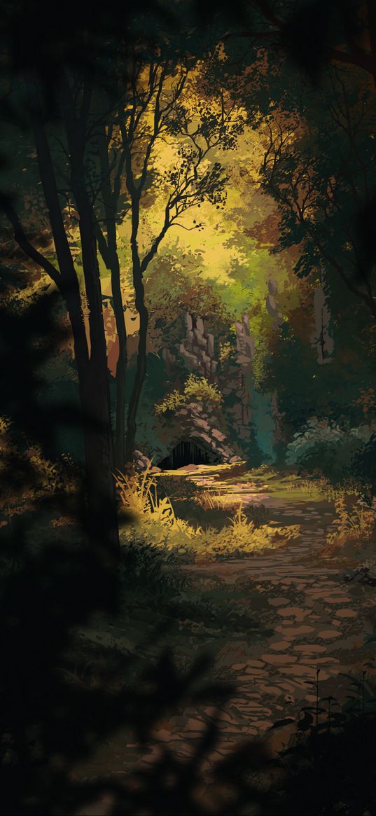 forest, cave, path