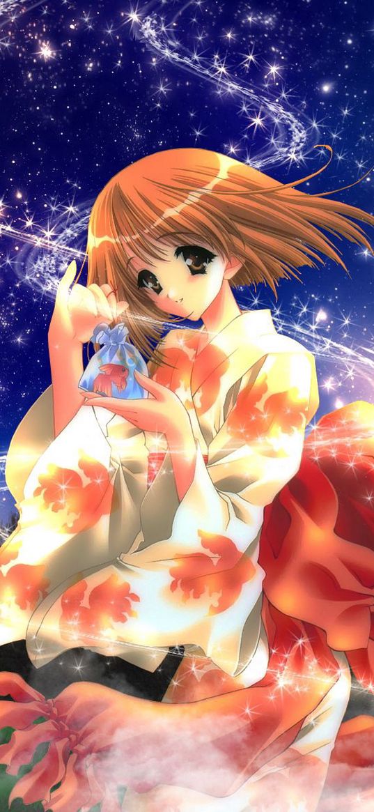 anime, girl, kimono, shine, wind, night