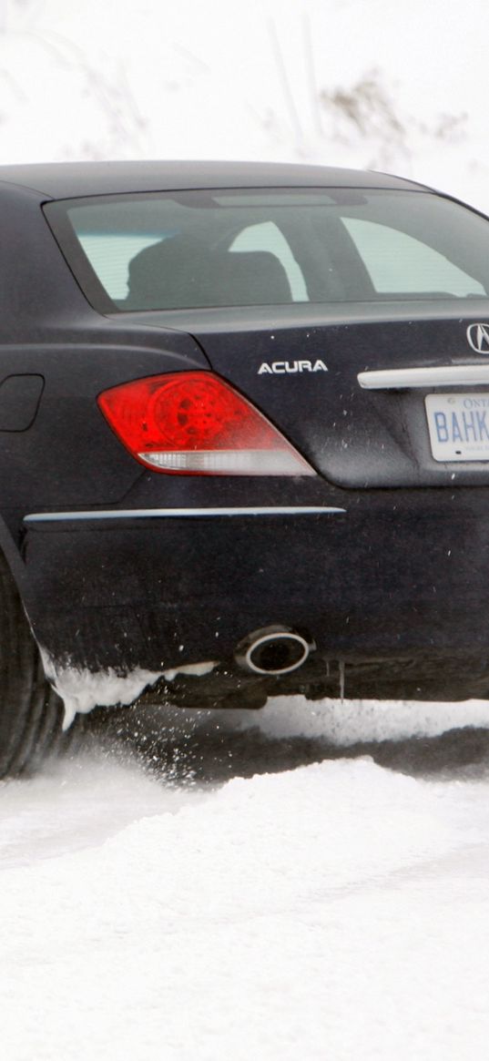 acura, rl, black, rear view, cars, snow, style, movement