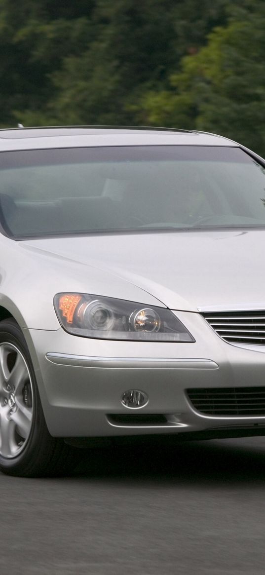 acura, rl, silver metallic, front view, auto, grass, motion