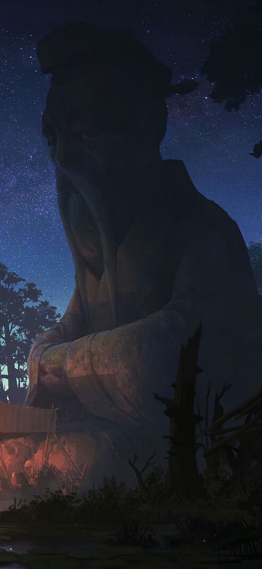 statue, sage, night, forest, tent, campfire