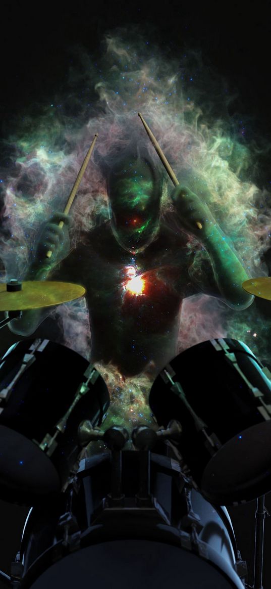 drummer, drums, musician, musical instrument, space, art