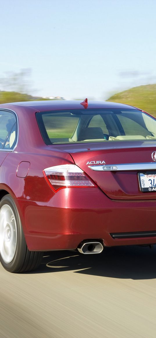 acura, rl, red, rear view, auto, style, movement, speed, nature, mountains