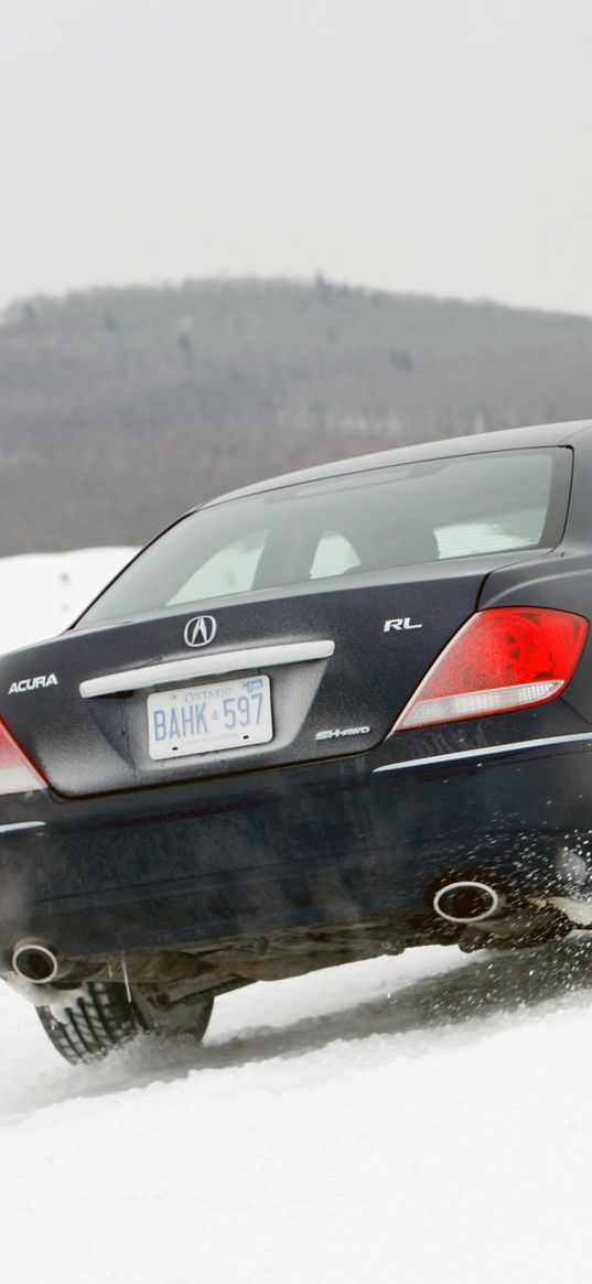 acura, rl, black, rear view, car, snow, style, nature