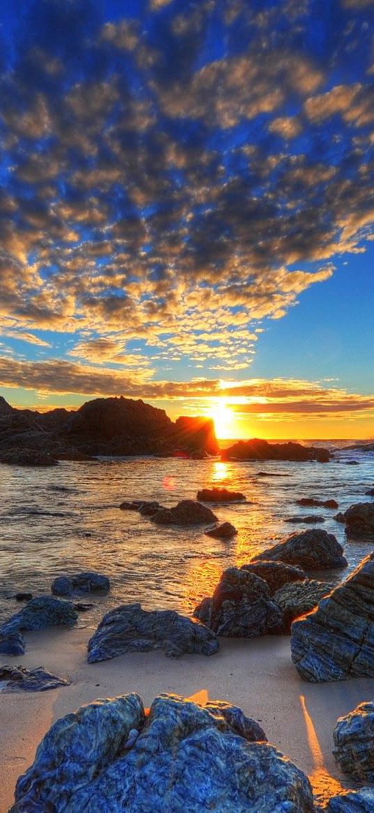 clouds, sky, stones, beach, sea, coast, decline, sun, evening, hdr