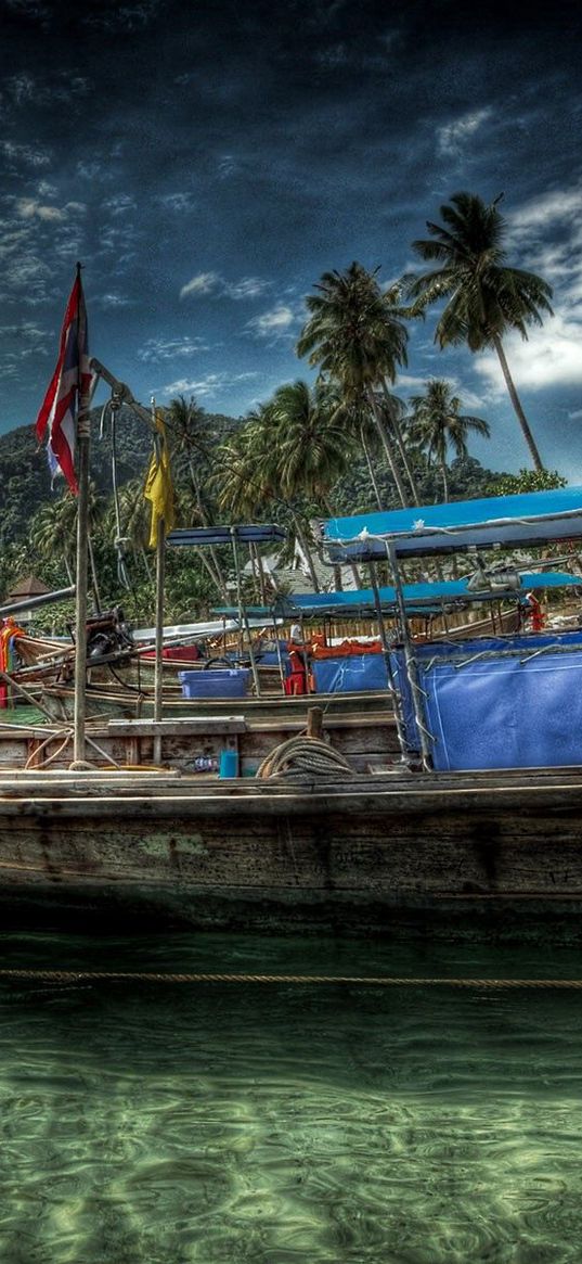 ship, coast, water, sky, hdr