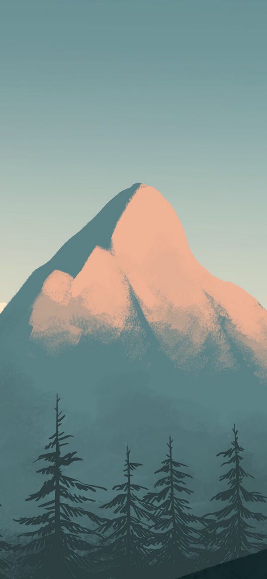 mountain, peak, spruce, trees, art