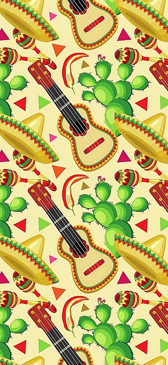 sombrero, guitar, cactus, pattern, mexican