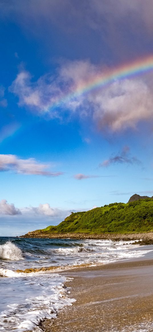 beach, coast, rainbow, waves, slope