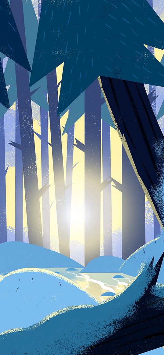 forest, snowdrifts, snow, rays, sun, art